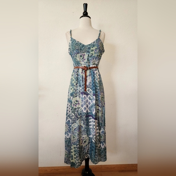 Dresses & Skirts - Boho Floral Printed Blue-Green Maxi Dress with Belt